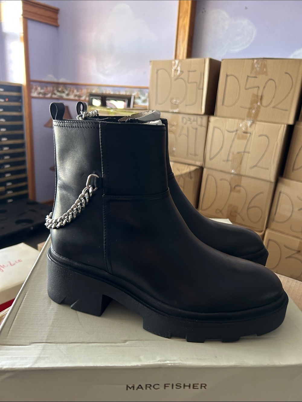 Marc Fisher Black Chunky Chain-Trim Ankle Boots